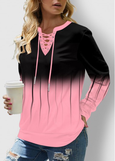Pink tops,Ombre tops,ROTITA Ombre Pink Lace Up Long Sleeve Sweatshirt