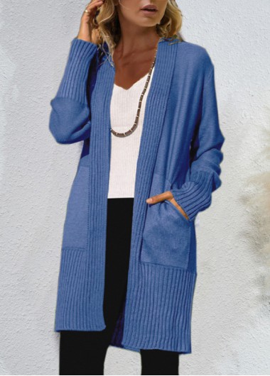 Blue tops,Plain Color tops,ROTITA Double Side Pockets Long Sleeve Blue Cardigan