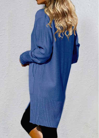 Blue tops,Plain Color tops,ROTITA Double Side Pockets Long Sleeve Blue Cardigan