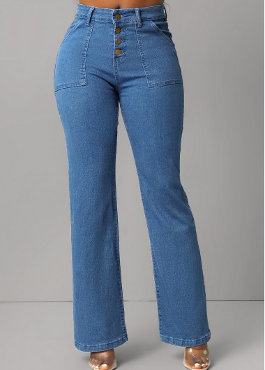 Denim Blue bottoms,Plain Color bottoms,Button Fly Denim Blue Pocket Jeans