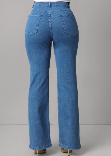 Denim Blue bottoms,Plain Color bottoms,Button Fly Denim Blue Pocket Jeans