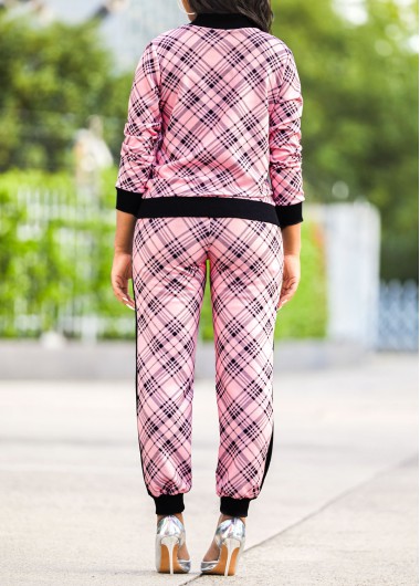 Pink jumpsuits & rompers,Plaid jumpsuits & rompers,Striped jumpsuits & rompers,Pink Long Sleeve Plaid Sweatsuit Set