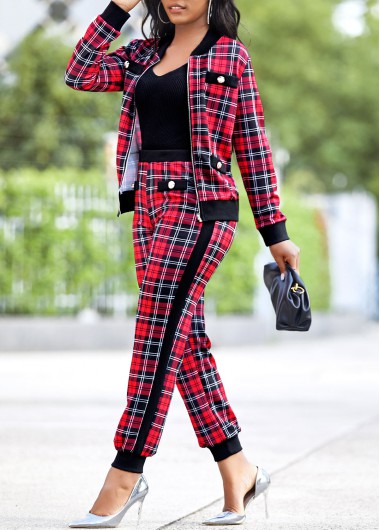 Red jumpsuits & rompers,Plaid jumpsuits & rompers,Red Long Sleeve Plaid Zipper Sweatsuit Set