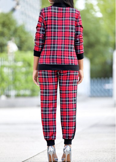 Red jumpsuits & rompers,Plaid jumpsuits & rompers,Red Long Sleeve Plaid Zipper Sweatsuit Set