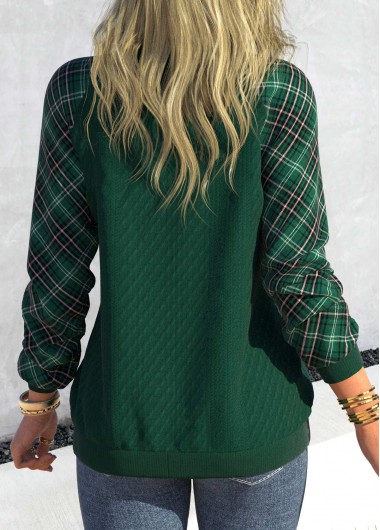 Blackish Green plus size,Plaid plus size,ROTITA Plus Size Tartan Print Blackish Green V Neck Sweatshirt