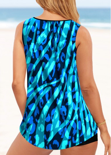 Blue swimwear,Geometric swimwear,ROTITA Lace Up Blue Geometric Print Tankini Top