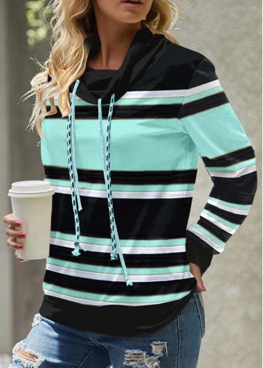 Cyan tops,Striped tops,ROTITA Striped Cyan Cowl Neck Long Sleeve Sweatshirt