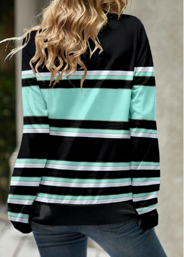 Cyan tops,Striped tops,ROTITA Striped Cyan Cowl Neck Long Sleeve Sweatshirt