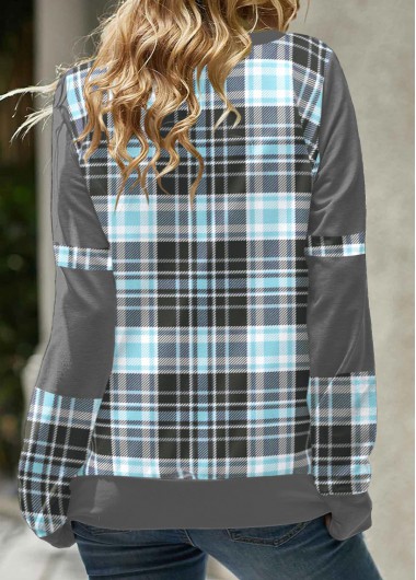Light Blue tops,Plaid tops,Striped tops,Geometric tops,ROTITA Tartan Print Light Blue Cowl Neck Sweatshirt