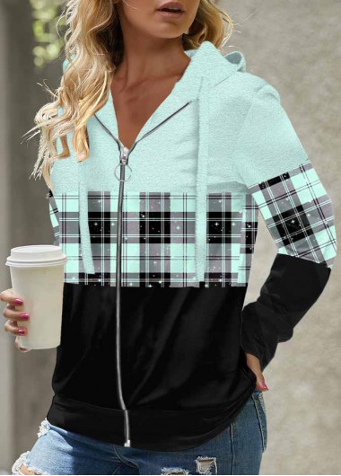 Cyan tops,Plaid tops,ROTITA Tartan Print Cyan Long Sleeve Hoodie
