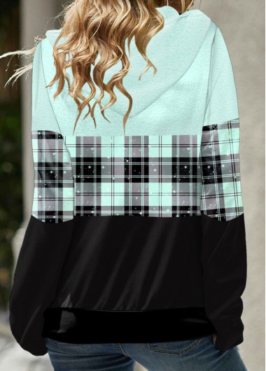 Cyan tops,Plaid tops,ROTITA Tartan Print Cyan Long Sleeve Hoodie