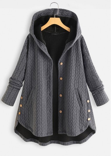 Grey outerwear & coats,Plain Color outerwear & coats,ROTITA Pocket Grey Hooded Long Sleeve Coat