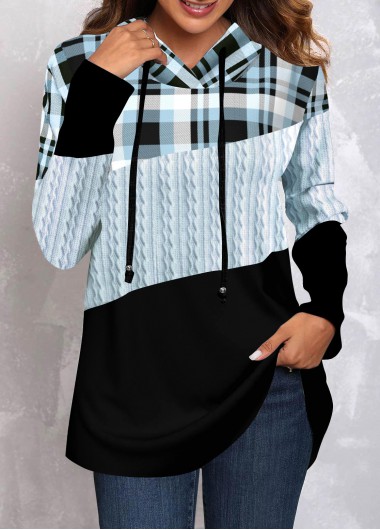 Light Blue plus size,Plaid plus size,ROTITA Plus Size Twisted Tartan Print Light Blue Hoodie