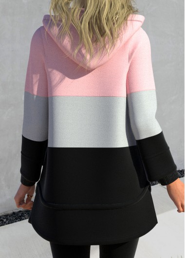 Pink plus size,Contrast Color plus size,ROTITA Plus Size Zipper Contrast Color Pink Hooded Long Sleeve Jacket