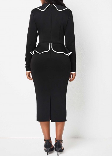 Black dresses,Contrast Color dresses,ROTITA Black Turn Down Collar Long Sleeve Bodycon Dress