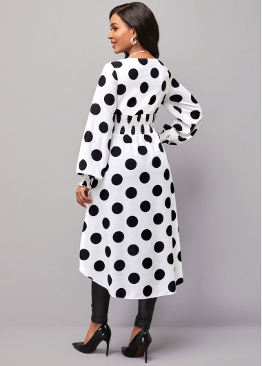 White tops,Dot tops,ROTITA Long Sleeve White Smocked Polka Dot Blouse