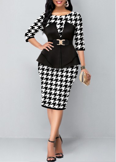 Black dresses,Houndstooth dresses,ROTITA Houndstooth Print Black Faux Two Piece Dress