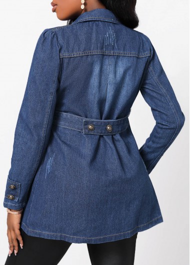Denim Blue outerwear & coats,Plain Color outerwear & coats,Denim Blue Button Lapel Long Sleeve Jacket