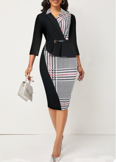 Black dresses,Houndstooth dresses,ROTITA Tartan Print Black Midi Lapel Bodycon Dress
