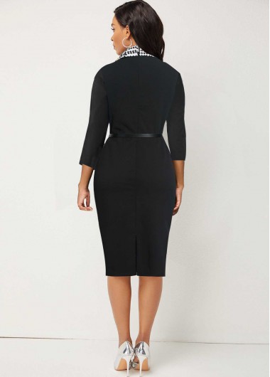 Black dresses,Houndstooth dresses,ROTITA Tartan Print Black Midi Lapel Bodycon Dress