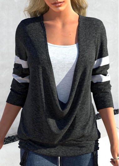 Dark Grey Marl plus size,Contrast Color plus size,ROTITA Plus Size Fake 2in1 Drawstring Contrast Color T Shirt