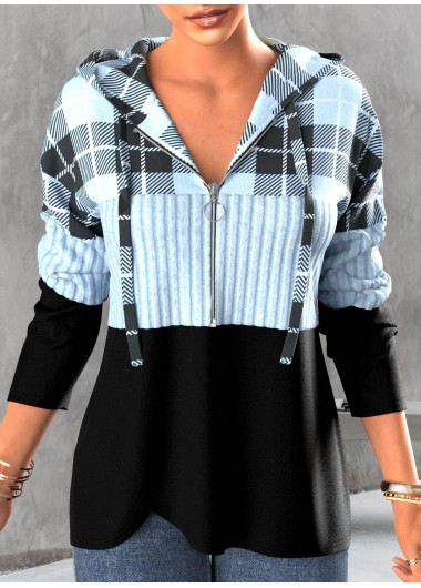 Light Blue tops,Plaid tops,ROTITA Zipper Tartan Print Light Blue Hoodie