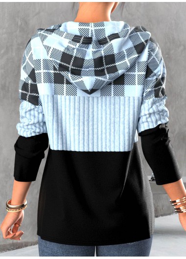 Light Blue tops,Plaid tops,ROTITA Zipper Tartan Print Light Blue Hoodie