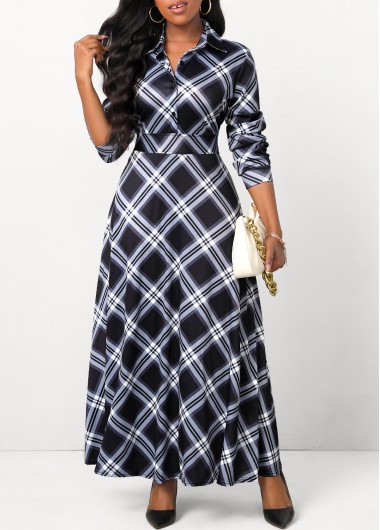Black dresses,Plaid dresses,Button Plaid Black Shirt Collar Maxi Dress
