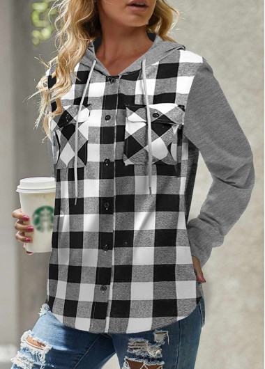 White tops,Plaid tops,Geometric tops,ROTITA Pocket Plaid White Long Sleeve Hoodie