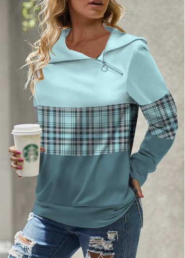 Light Blue tops,Plaid tops,ROTITA Zipper Light Blue Tartan Print Long Sleeve Sweatshirt