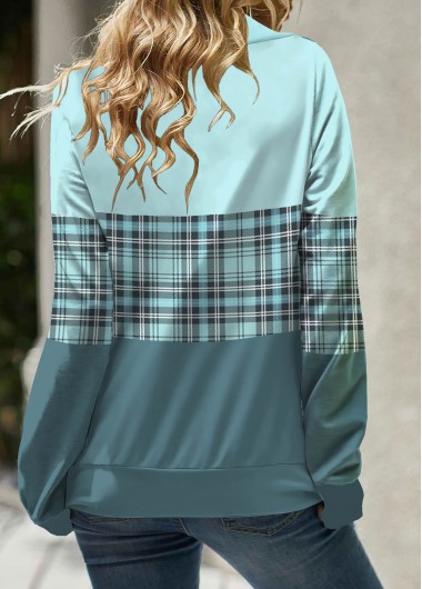 Light Blue tops,Plaid tops,ROTITA Zipper Light Blue Tartan Print Long Sleeve Sweatshirt