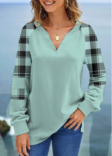 Mint Green tops,Plaid tops,ROTITA Tartan Print Mint Green V Neck Sweatshirt