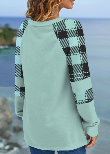 Mint Green tops,Plaid tops,ROTITA Tartan Print Mint Green V Neck Sweatshirt