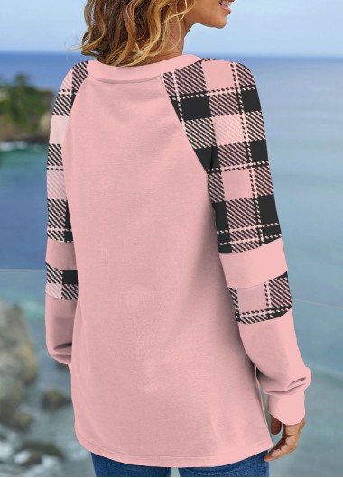Light Pink tops,Plaid tops,ROTITA Tartan Print Light Pink V Neck Sweatshirt