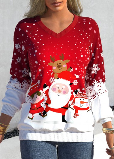 Red tops,Christmas tops,ROTITA Christmas Print Red V Neck Long Sleeve Sweatshirt