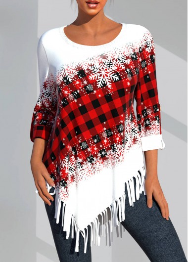Red tops,Christmas tops,ROTITA Tassel Snowflake Print Red Round Neck T Shirt