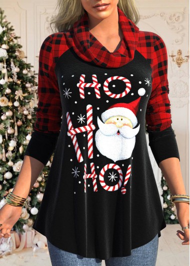 Red tops,Christmas tops,ROTITA Christmas Santa Claus Print Cowl Neck Red Sweatshirt
