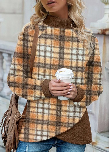 Dark Camel tops,Plaid tops,ROTITA Cross Hem Tartan Print Coffee Camel Sweatshirt