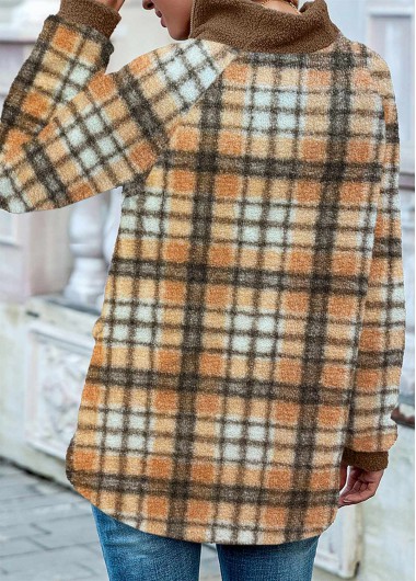 Dark Camel tops,Plaid tops,ROTITA Cross Hem Tartan Print Coffee Camel Sweatshirt