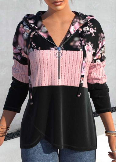 Pink tops,Floral tops,ROTITA Twisted Floral Print Pink Long Sleeve Hoodie