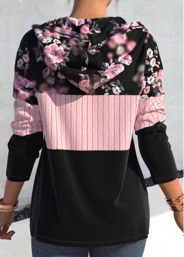 Pink tops,Floral tops,ROTITA Twisted Floral Print Pink Long Sleeve Hoodie