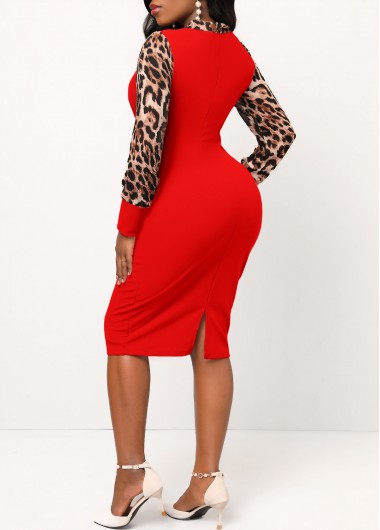 Red dresses,Leopard dresses,ROTITA Leopard Red Tie Collar Long Sleeve Bodycon Dress