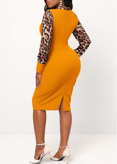 Ginger dresses,Leopard dresses,ROTITA Leopard Ginger Bowknot Long Sleeve Bodycon Dress