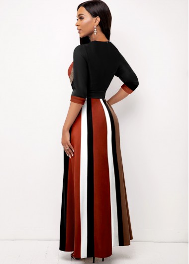 Dark Coffee dresses,Striped dresses,ROTITA Surplice Striped Dark Coffee Belted Dress