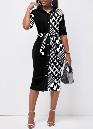Black dresses,Houndstooth dresses,ROTITA Button Houndstooth Print Black Belted Bodycon Dress