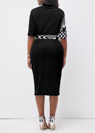 Black dresses,Houndstooth dresses,ROTITA Button Houndstooth Print Black Belted Bodycon Dress