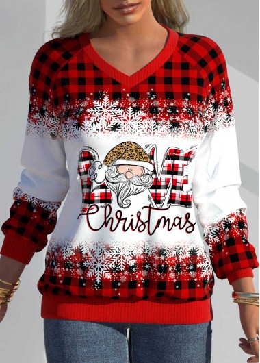 Red tops,Christmas tops,ROTITA Christmas Print V Neck Long Sleeve Red Sweatshirt