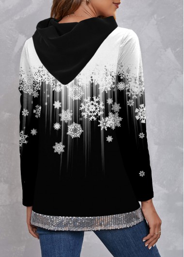 Black tops,Christmas tops,ROTITA Christmas Snowflake Print Sequin Cross Hem Black Hoodie
