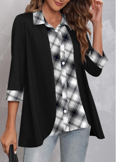 Black plus size,Plaid plus size,ROTITA Plus Size Striped Black Turndown Collar 3/4 Sleeve Blouse