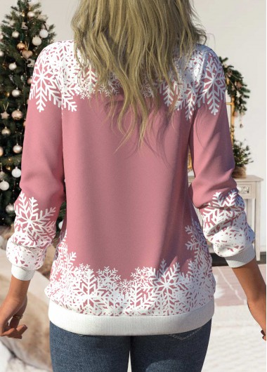 Pink tops,Christmas tops,ROTITA Christmas Snowflake Print Long Sleeve Pink Sweatshirt